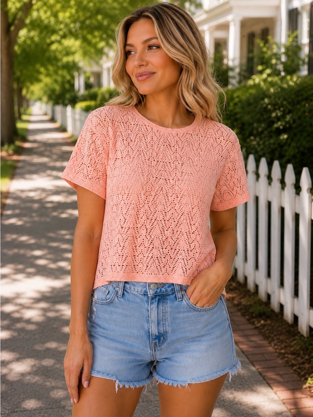 Francesca's Collections Peach Eyelet Knit Crop Top